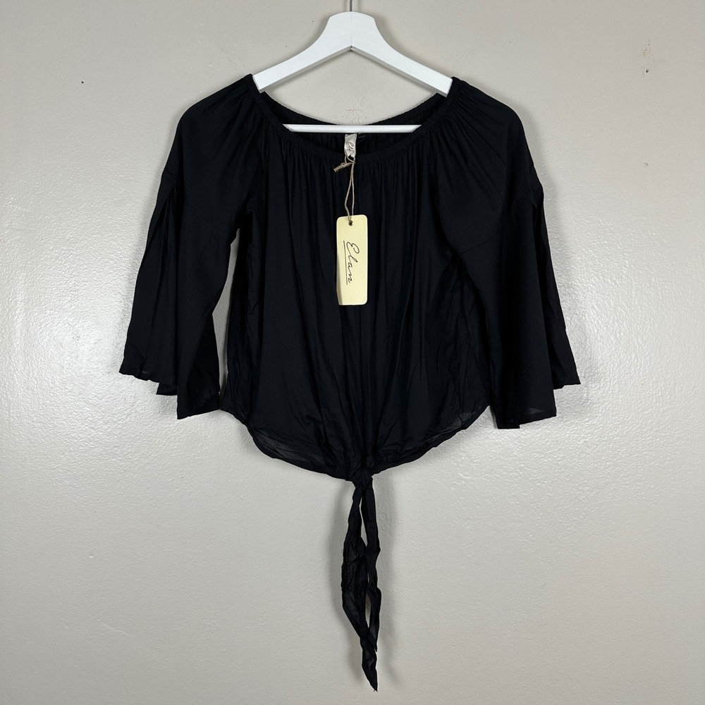 Elan Women's Small Crop Top Black Boho Off Shoulder Bell Sleeve Tie Front NEW